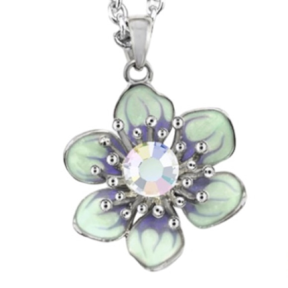 Swarovski Silver Flower Pendant Necklace with Iridescent Crystal - Green